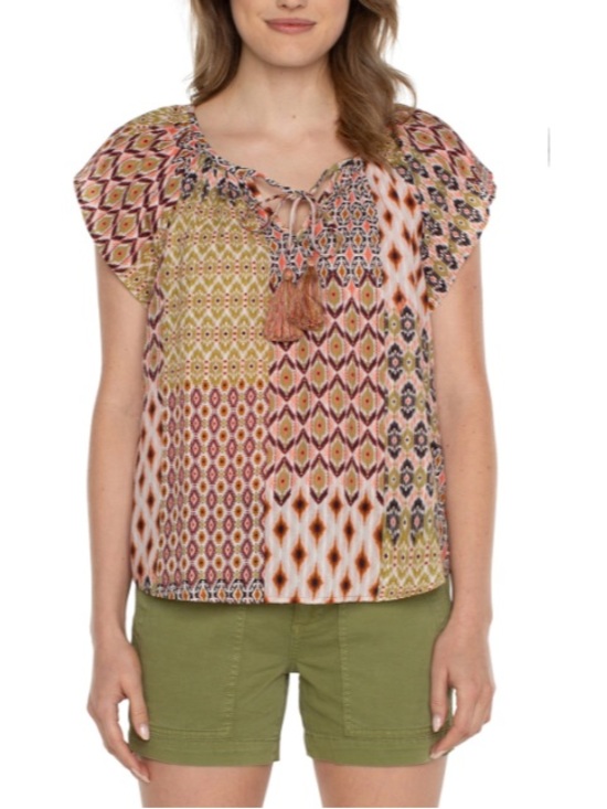 Liverpool Tops - Liverpool Los Angeles geo patchwork tie-front woven top Size XS